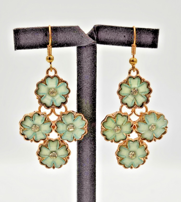 Vintage Gold Tone Blue Green Flower Dangle Earrings Rhinestone Pierced