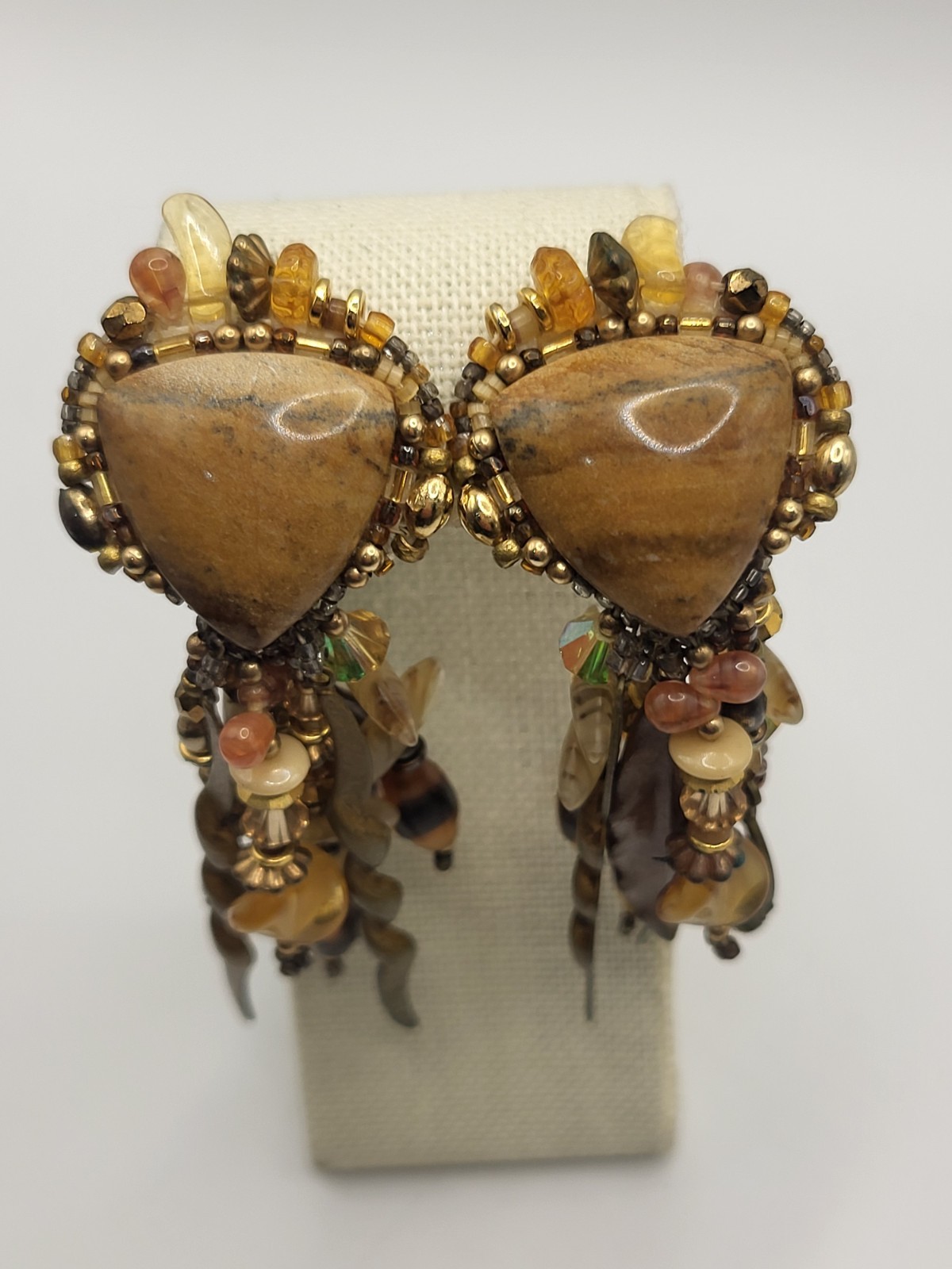 Vintage 80s Signed CHIPITA Joan Eagle Boho Dangle Earrings Jasper Beaded Fringe