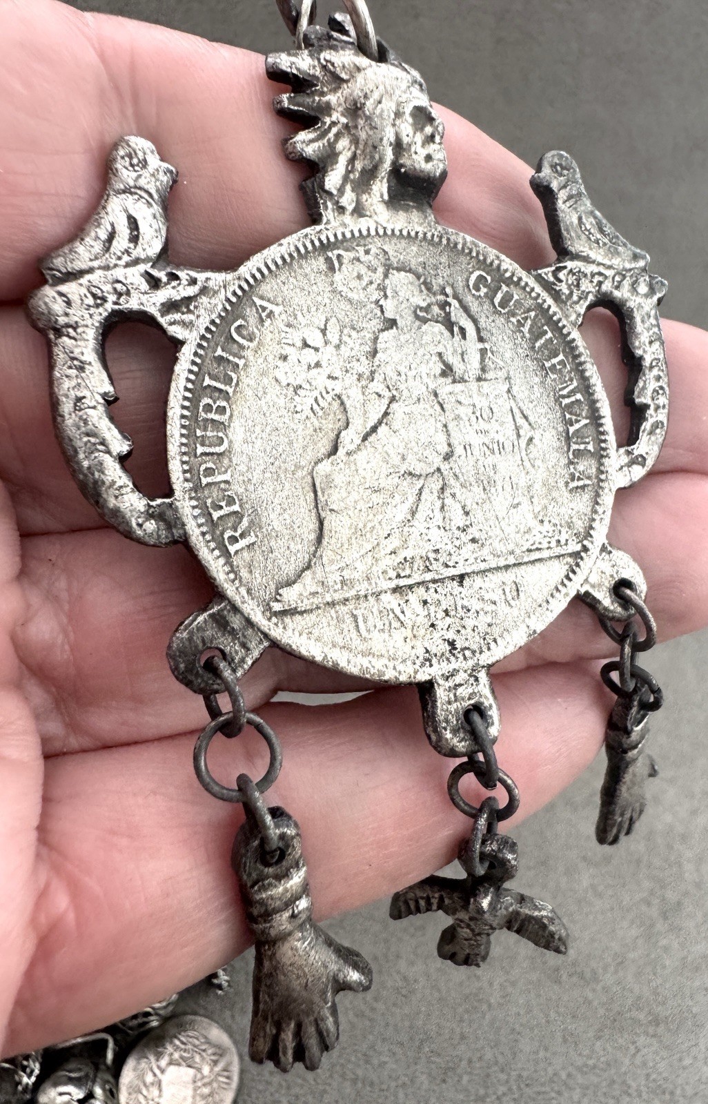 Vintage GUATEMALA 1894 Silver COIN NECKLACE Chachal MILAGROS Animal Charms Beads