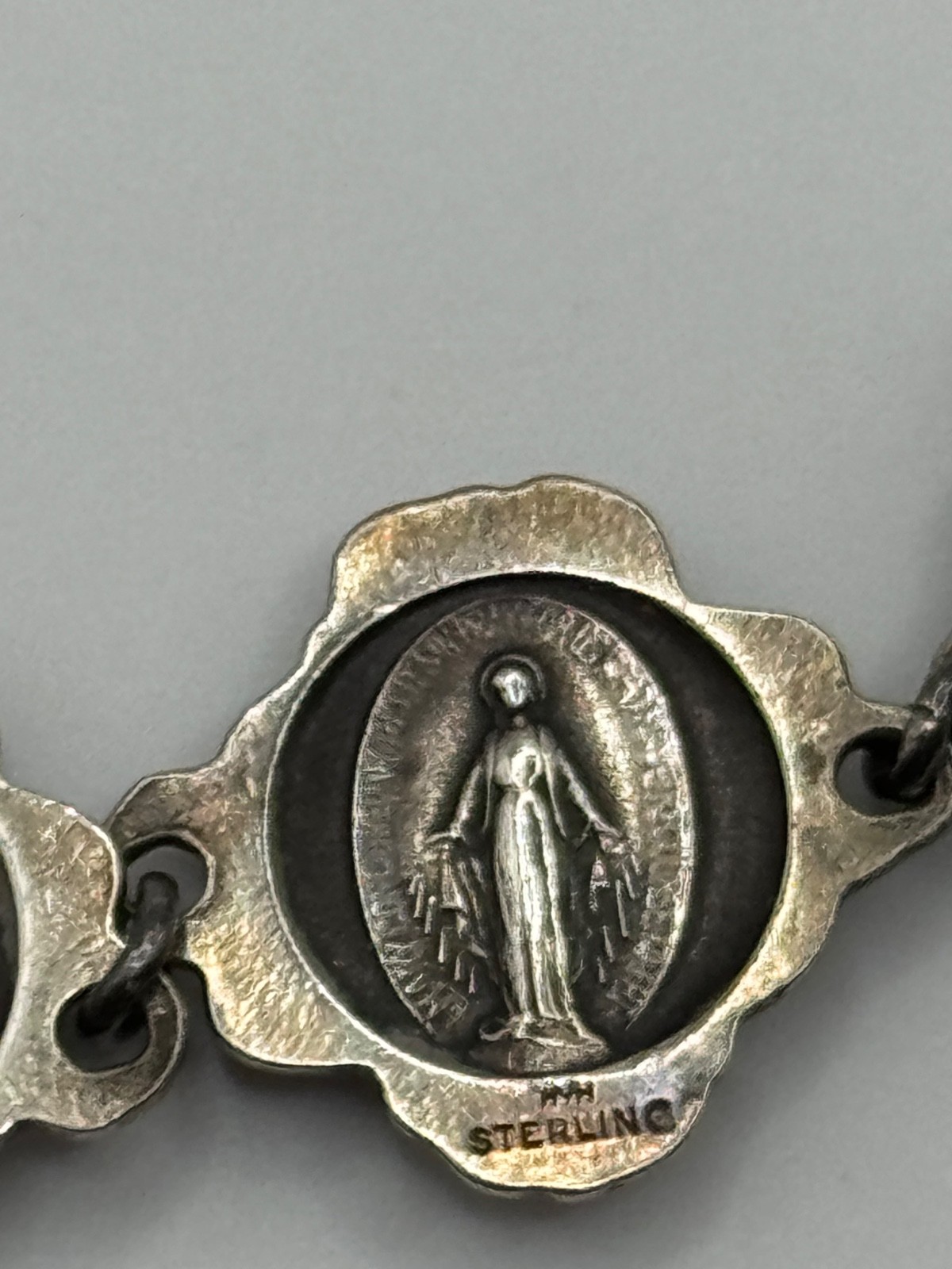Vintage HVH Sterling Silver Rosary Catholic Saints Rose Panel Link Bracelet