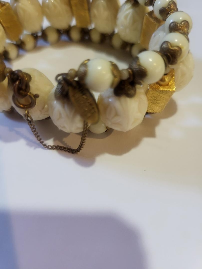 Signed Miriam Haskell “Ivory” and “gold” bead vintage bracelet