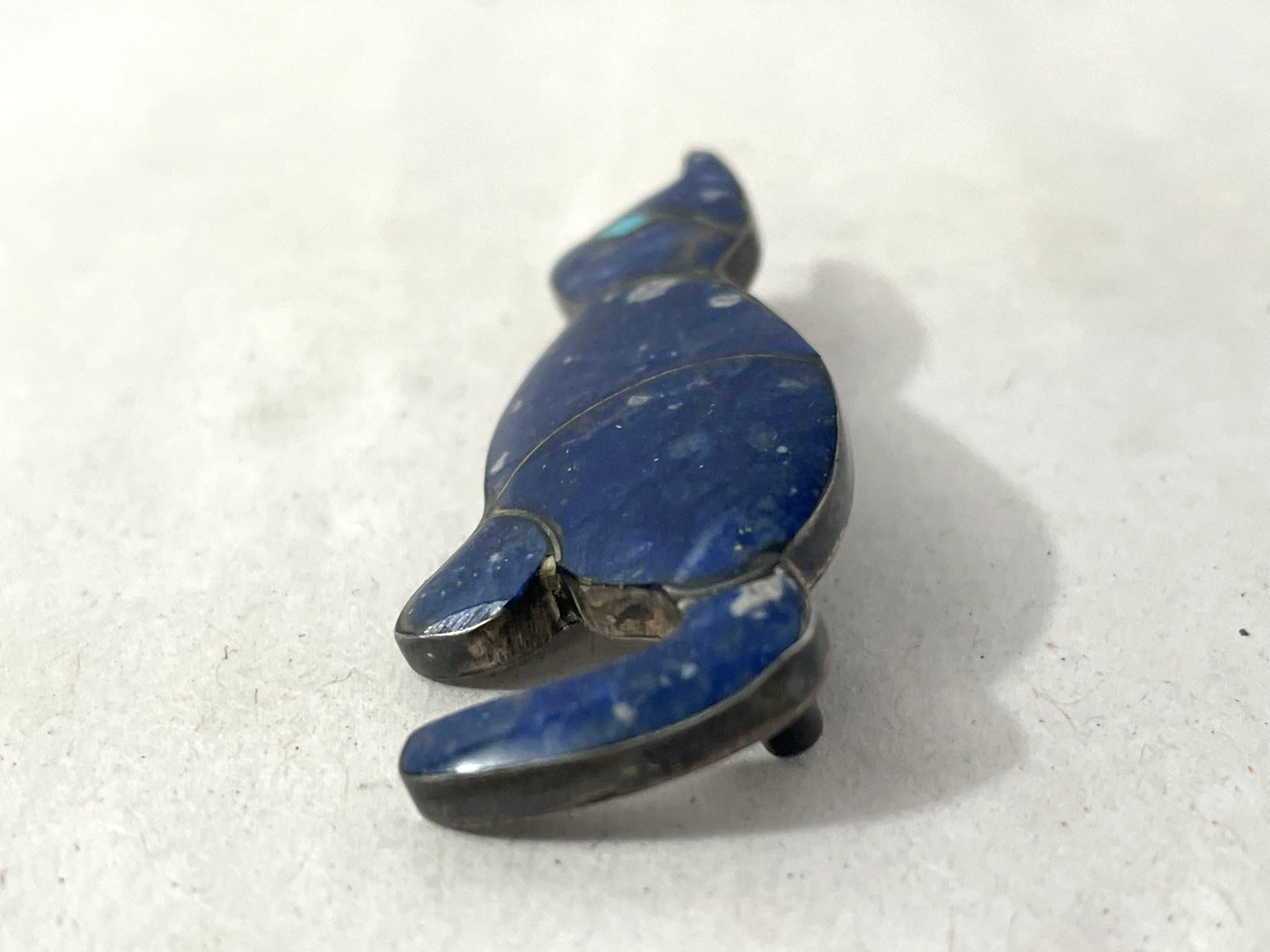 Vintage 980 Silver Lapis Lazuli & Turquoise Cat Brooch 2″ Inlay Cute