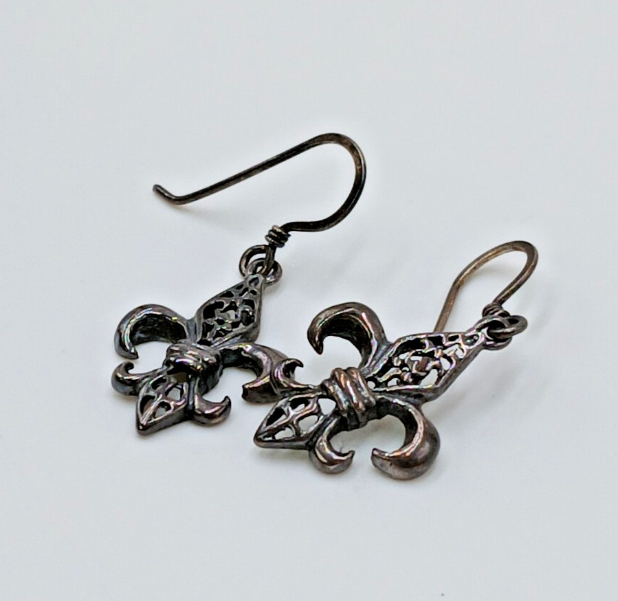 VTG 925 Fleur De Lis Dangle Earrings 1.5in Drop Sterling Silver 2g Estate
