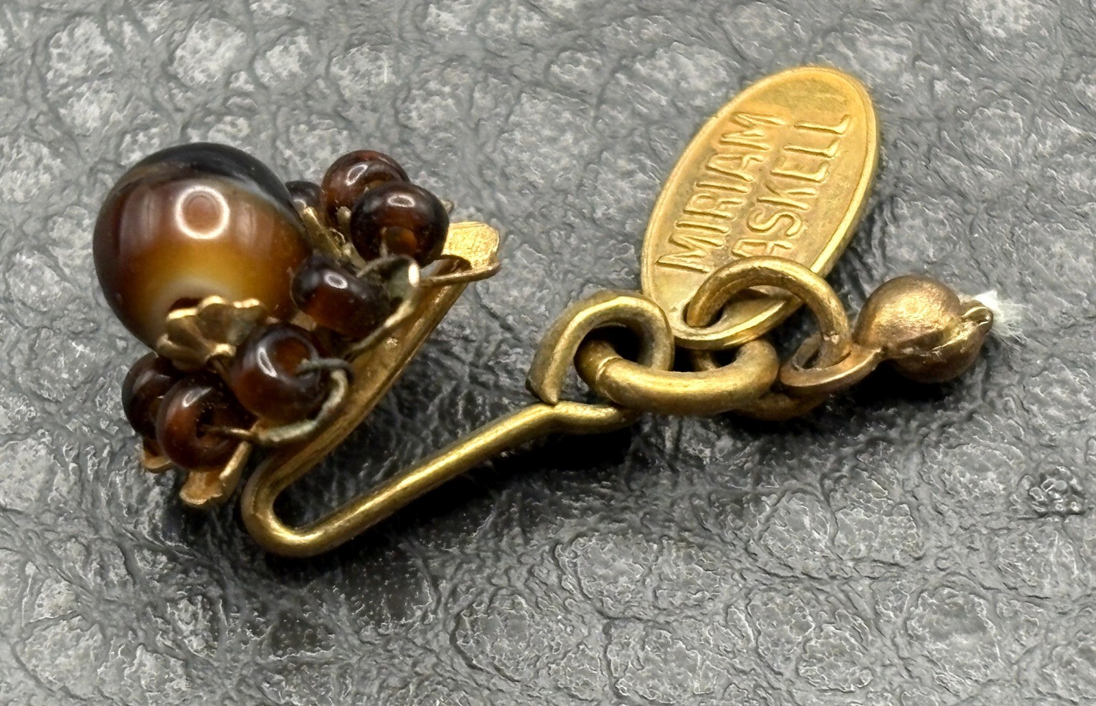 VTG Miriam Haskell Gold Tone Brown Bead Cluster Hook Clasp Tag For Repairs