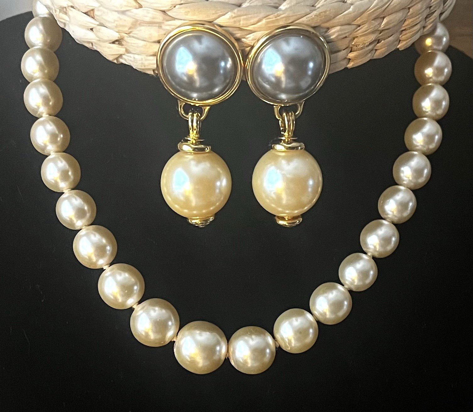 Joan Rivers 18” Faux Pearl Necklace and Statement Earrings Set – Cream & Gray