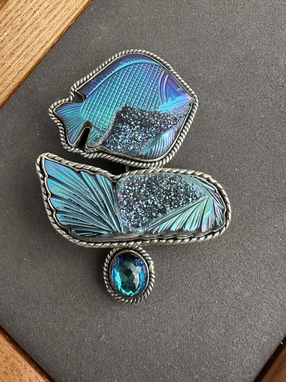 Amy Kahn Russell Ring Sterling Blue Druzy Fish Quartz Carved 925 Brooch/Pin
