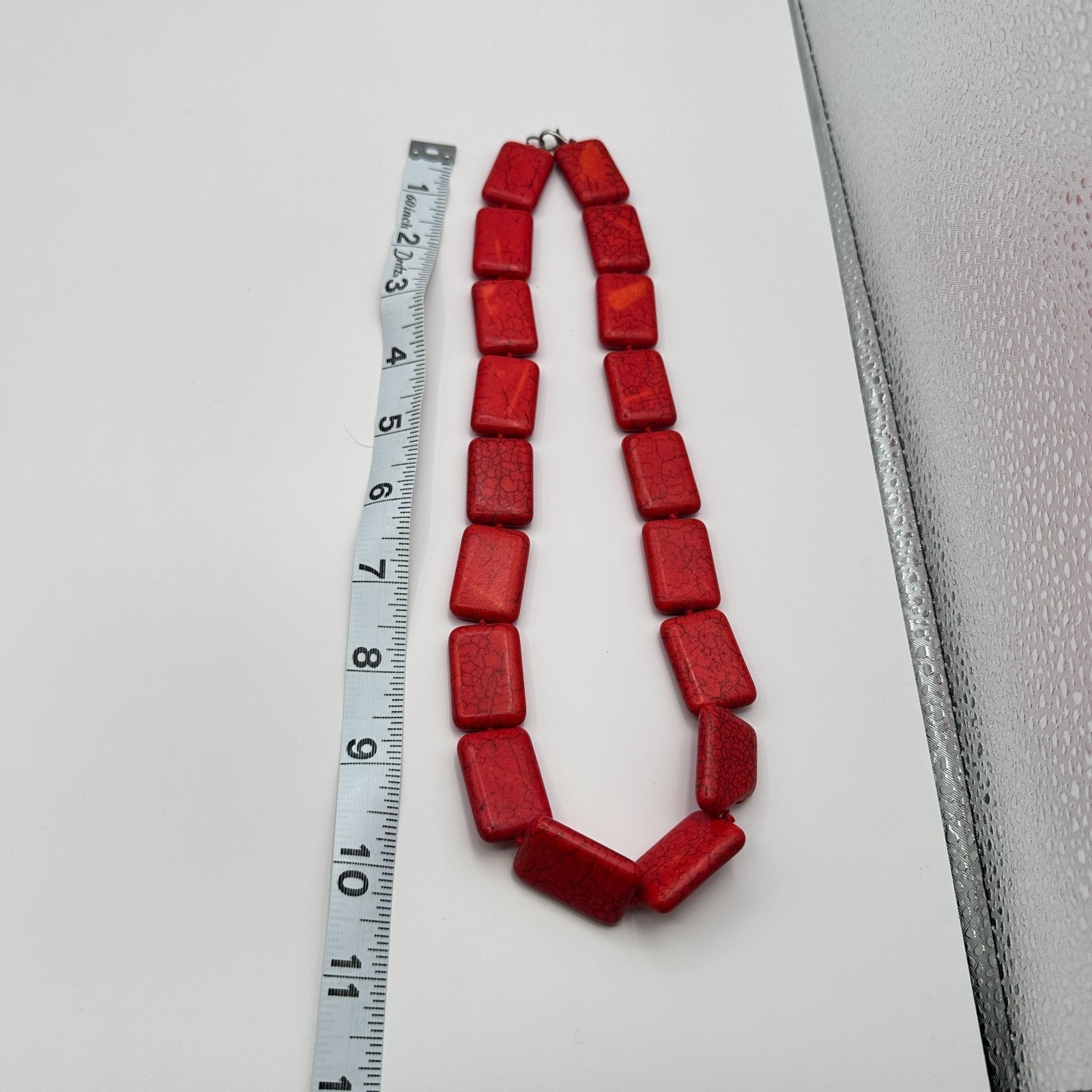 Vintage 90s Red Howlite Turquoise Rectangle Beaded Statement Necklace Jewelry