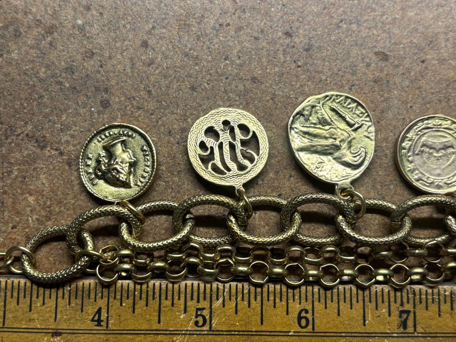 Vintage YOCHI NY Multi Chain Link GREEN ROMAN BRITISH SWISS GOLD COIN Bracelet
