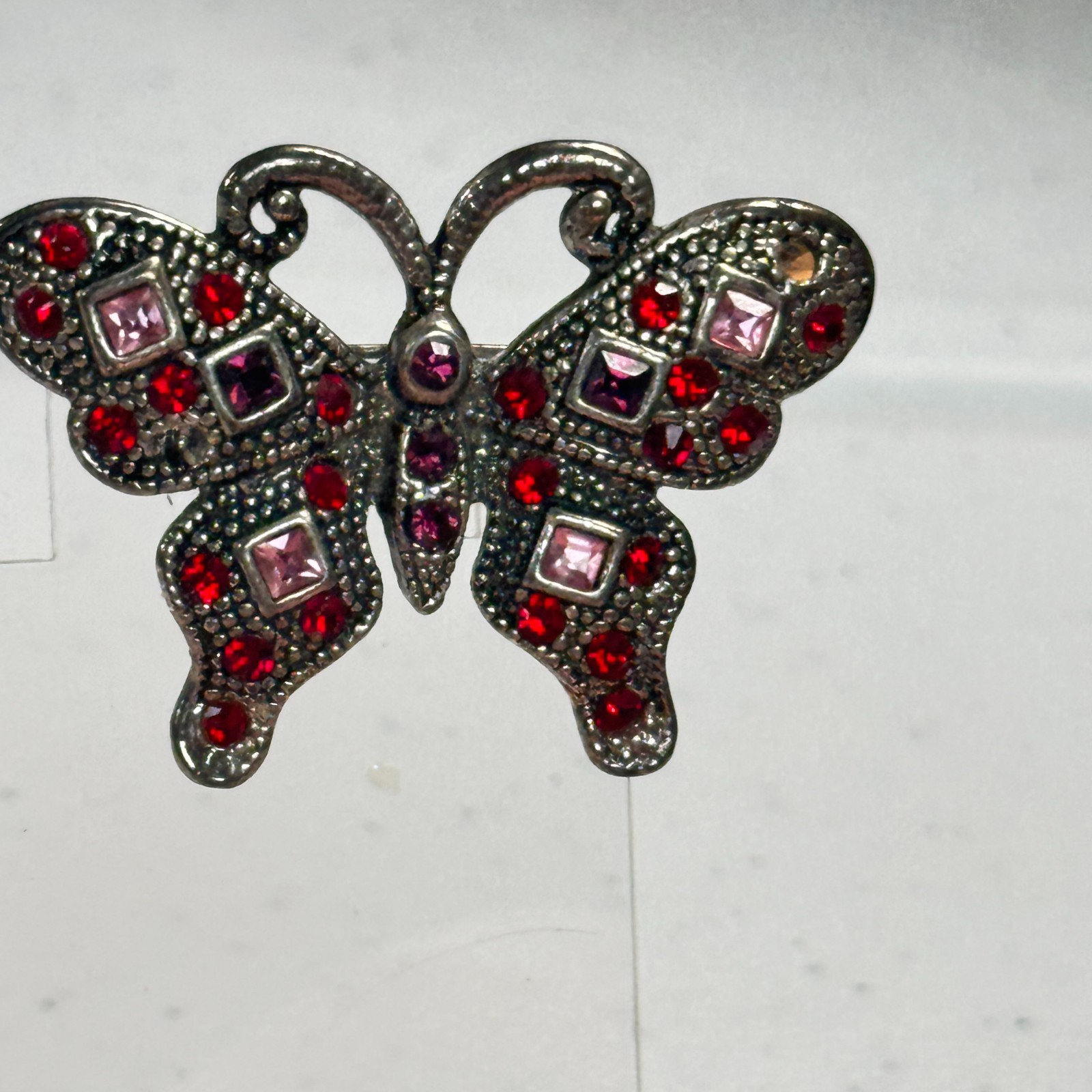Vintage Brooch Butterfly Gunmetal Red Pink Rhinestone Pavé Statement Pin mcm