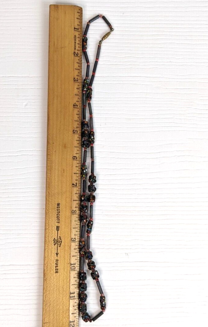 vintage necklace beaded earthtones bohemian artisan black 22″ L