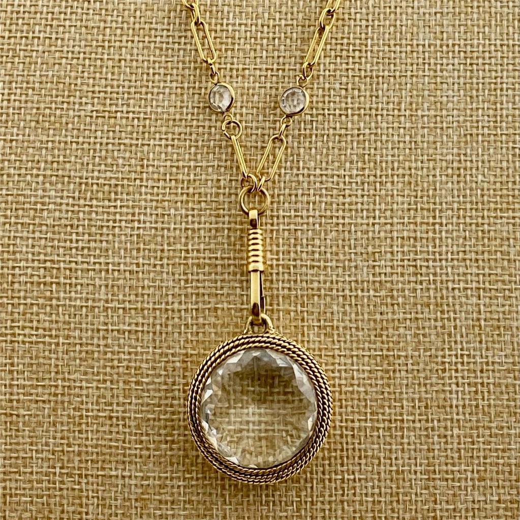 1970’s Bezel Set Crystal Station Gold T. Link Chain Clear Faceted Pendant 34″