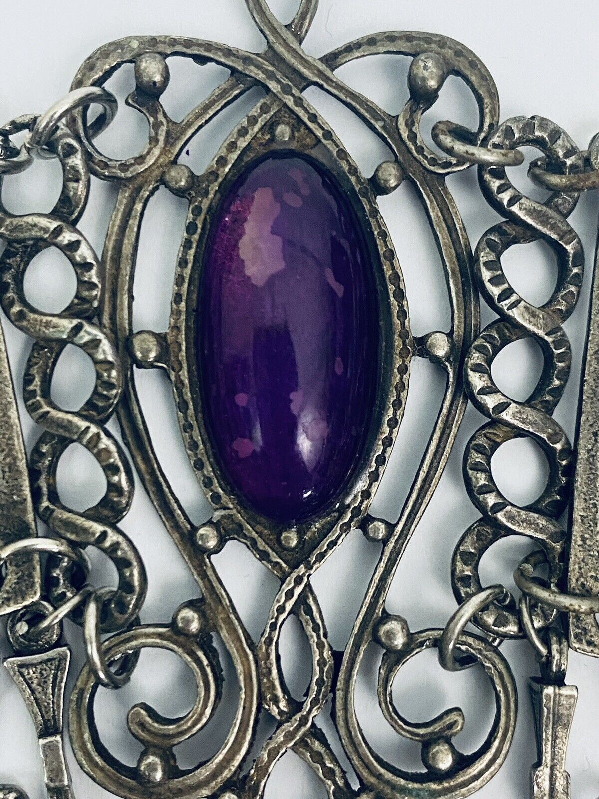 Vintage French DLH DEPOSE Necklace Bib Statement Pewter Purple 14.5″ Costume