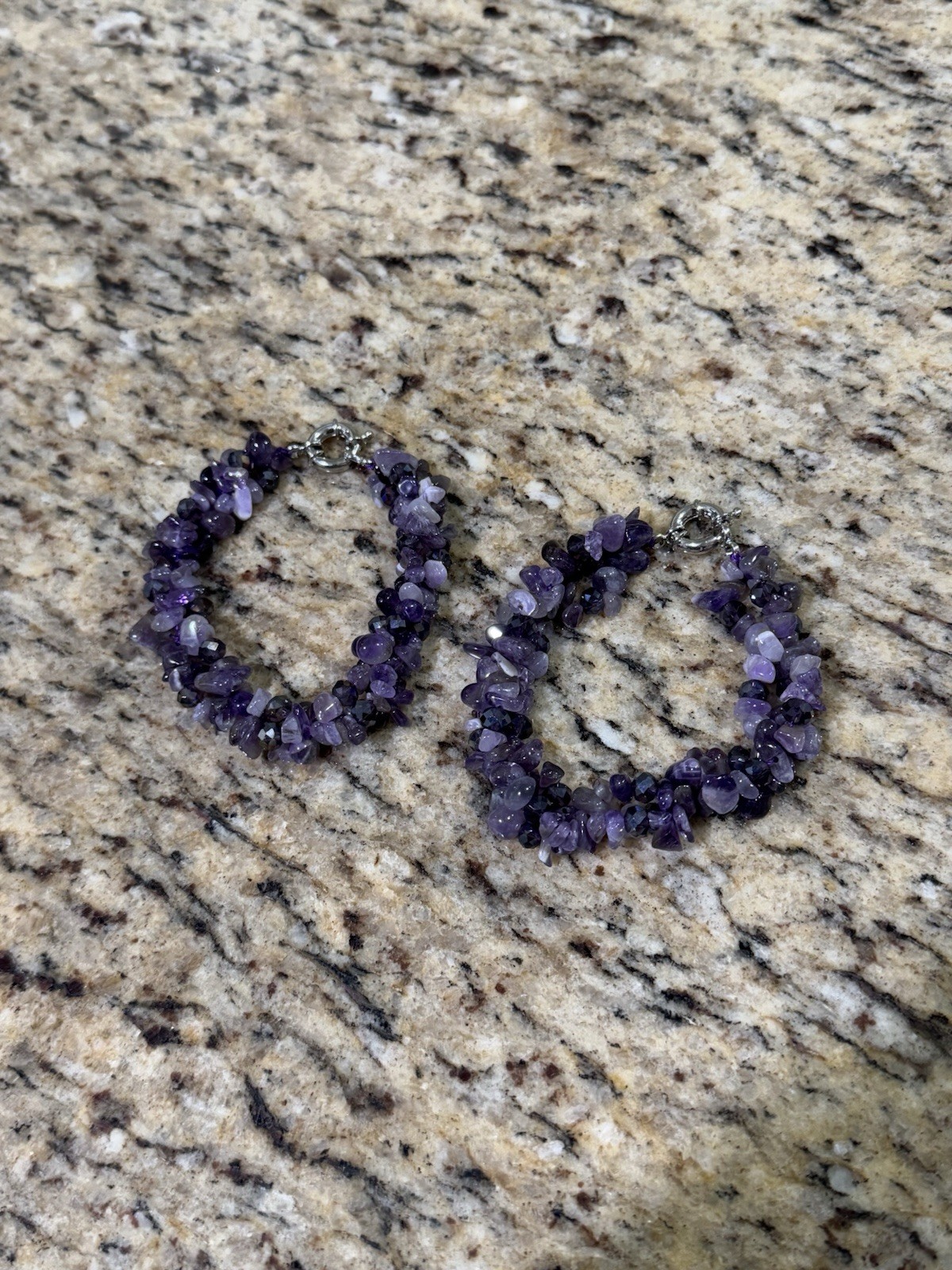 Lot of 2 Vintage Amethyst Chip Bead Bracelets Multi Strand Twisted Torsade Clasp