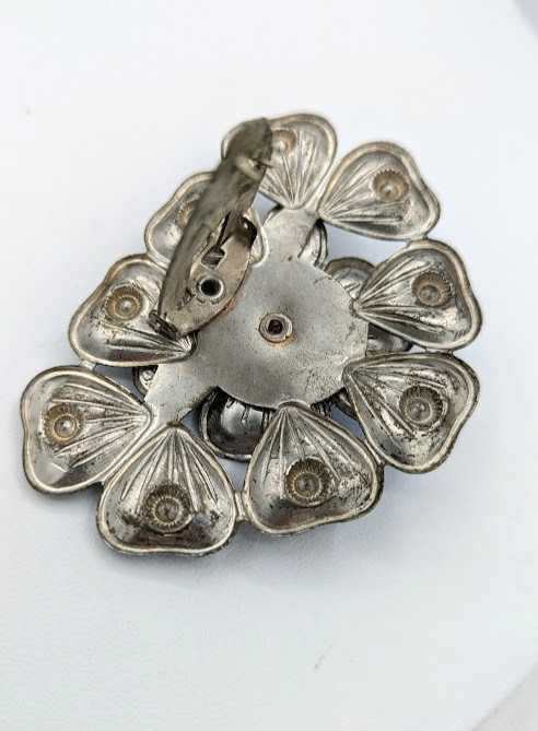 Vintage Brooch Dress Clip Art Deco Blue Cabochon Fur Clip Silver Tone