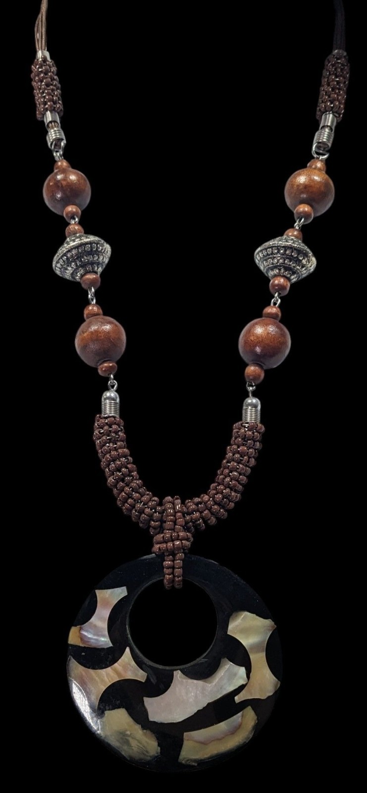 Vintage Bohemian Wood And Metal Necklace With Shell Inlay Pendant