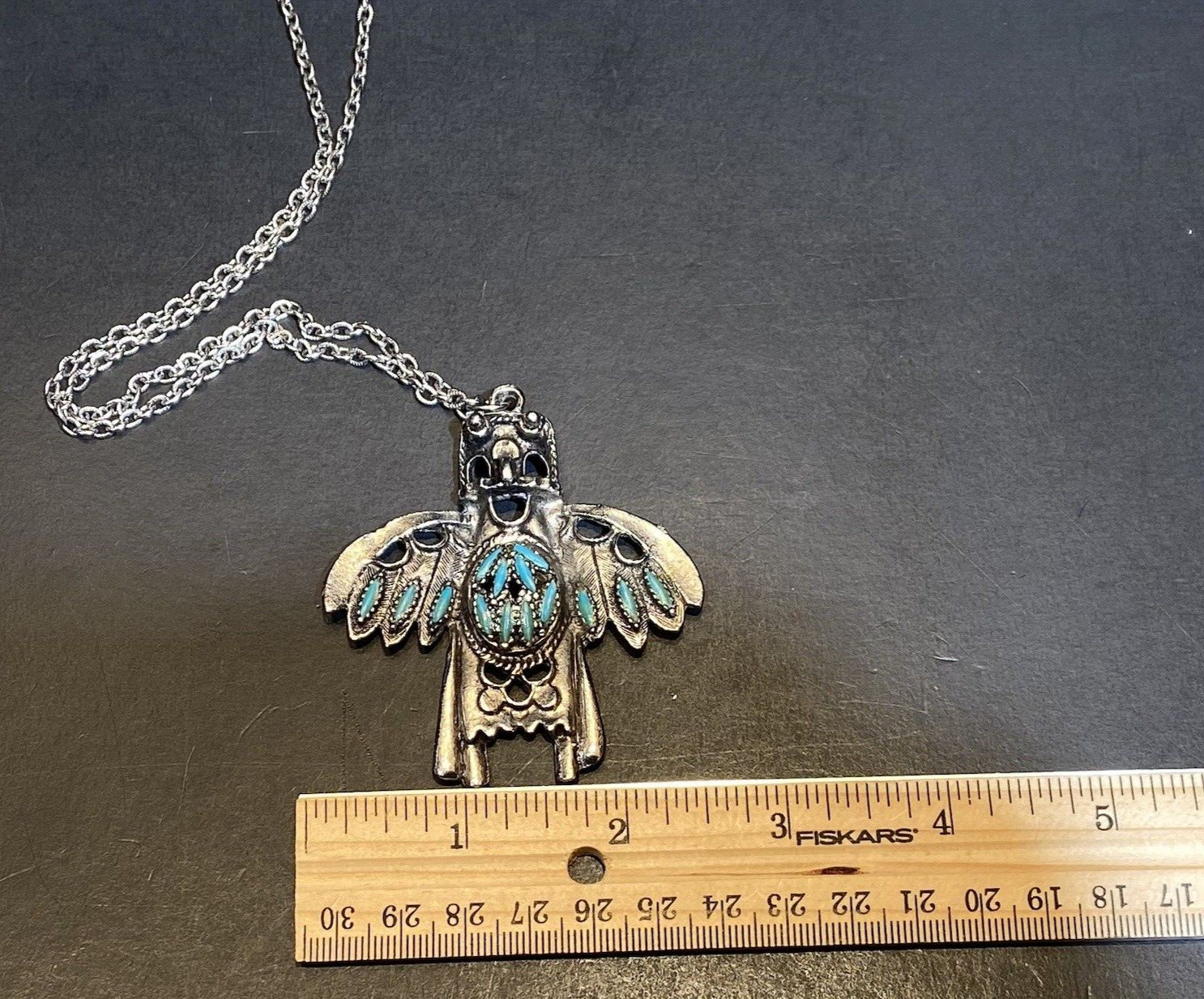 VTG Thunderbird Kachina Pendant Necklace Faux Turquoise Silver Tone Southwestern