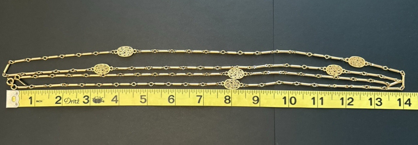 Vintage Monet Oval Filigree Station Bar Link Gold Tone Chain Necklace 57″ Long