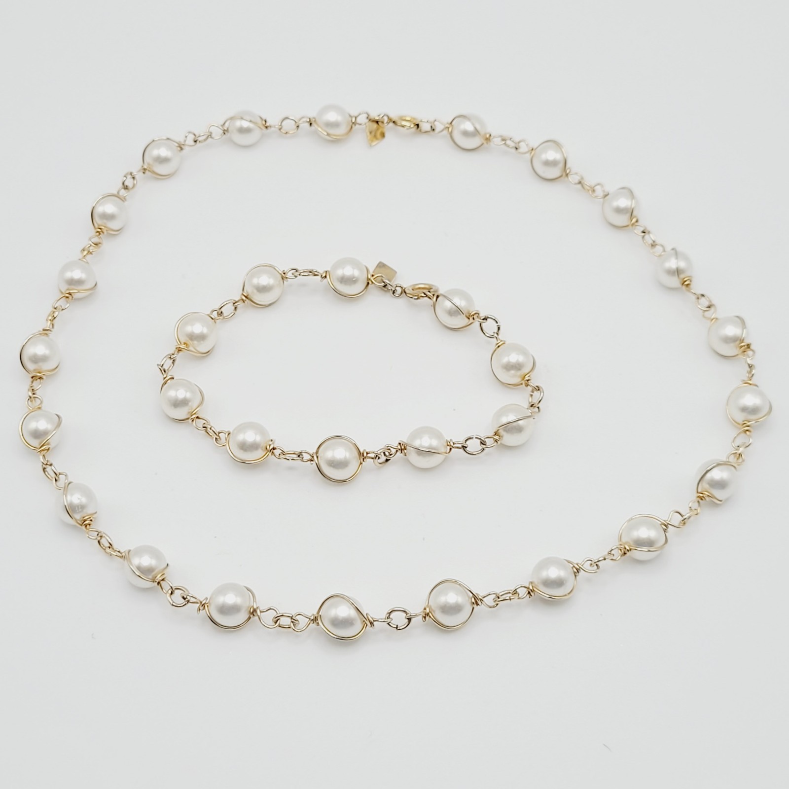 Sarah Coventry Faux Pearl Caged Style Bracelet 7.25 in Necklace 16 in Vtg Signed