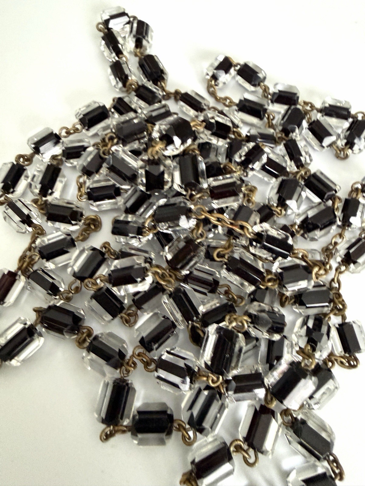 Antique Czech Jet Black & Clear Geometric Glass Bead 60″ + Extra Long Necklace