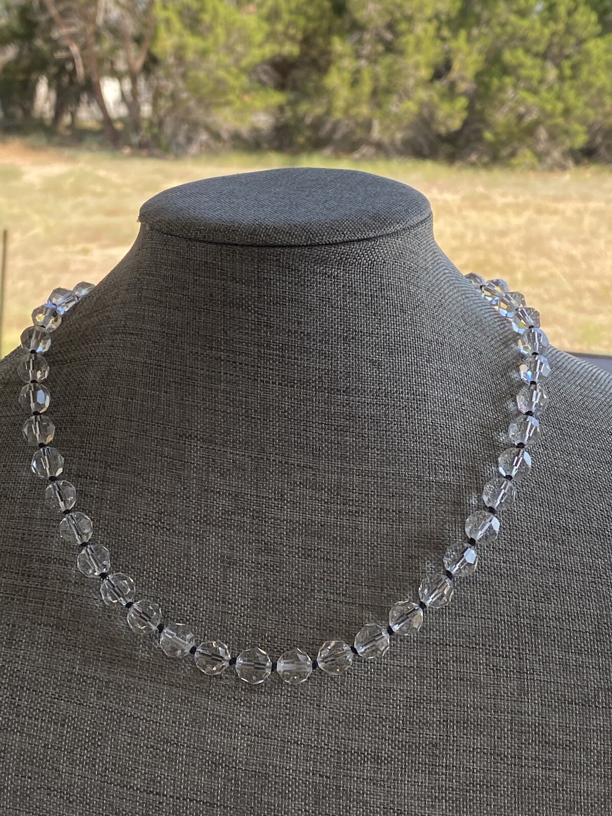 Necklace Faceted Crystal Glass Beads Clear Black Thread Knotted Artisan 21”