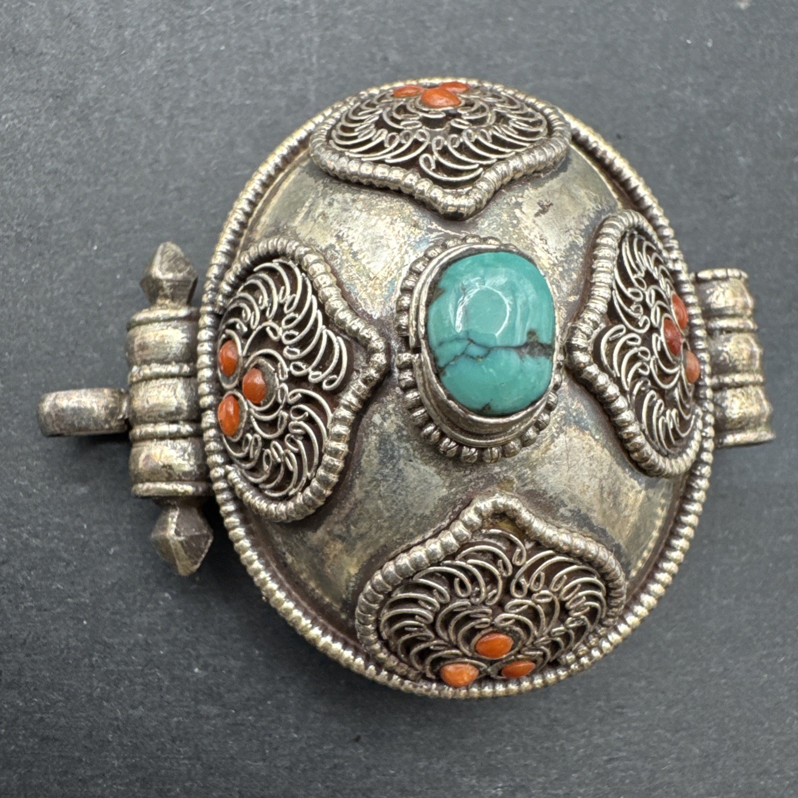 Vintage 925 Silver Coral And Turquoise Figural Pendant 1.5” x 2” 23g