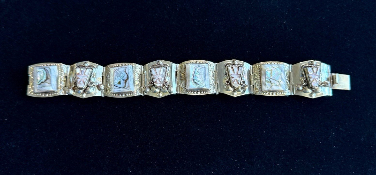 Vintage Mexico JZ Alpaca Silver Abalone Panel Bracelet Tribal Boho 7.25”