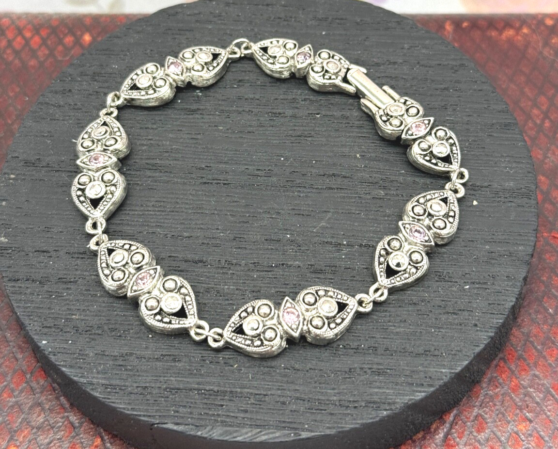 Vintage Avon Silver Tone Heart Bracelet w/ Pink Rhinestones & Marcasites 7.25 IN