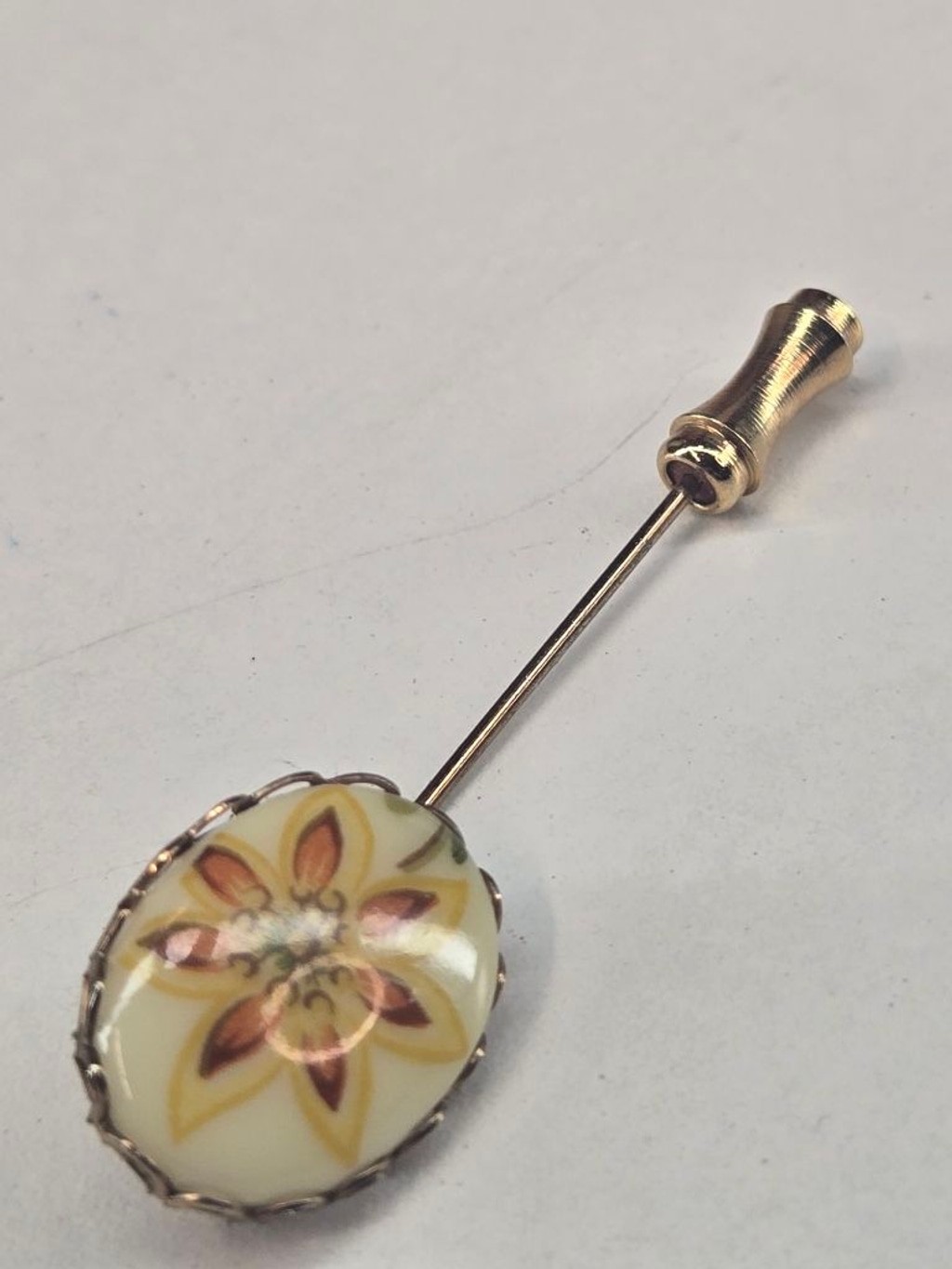 Lenox Stick Pin Cream & Orange Floral Women’s Brooch 14k Gold Plated Vintage