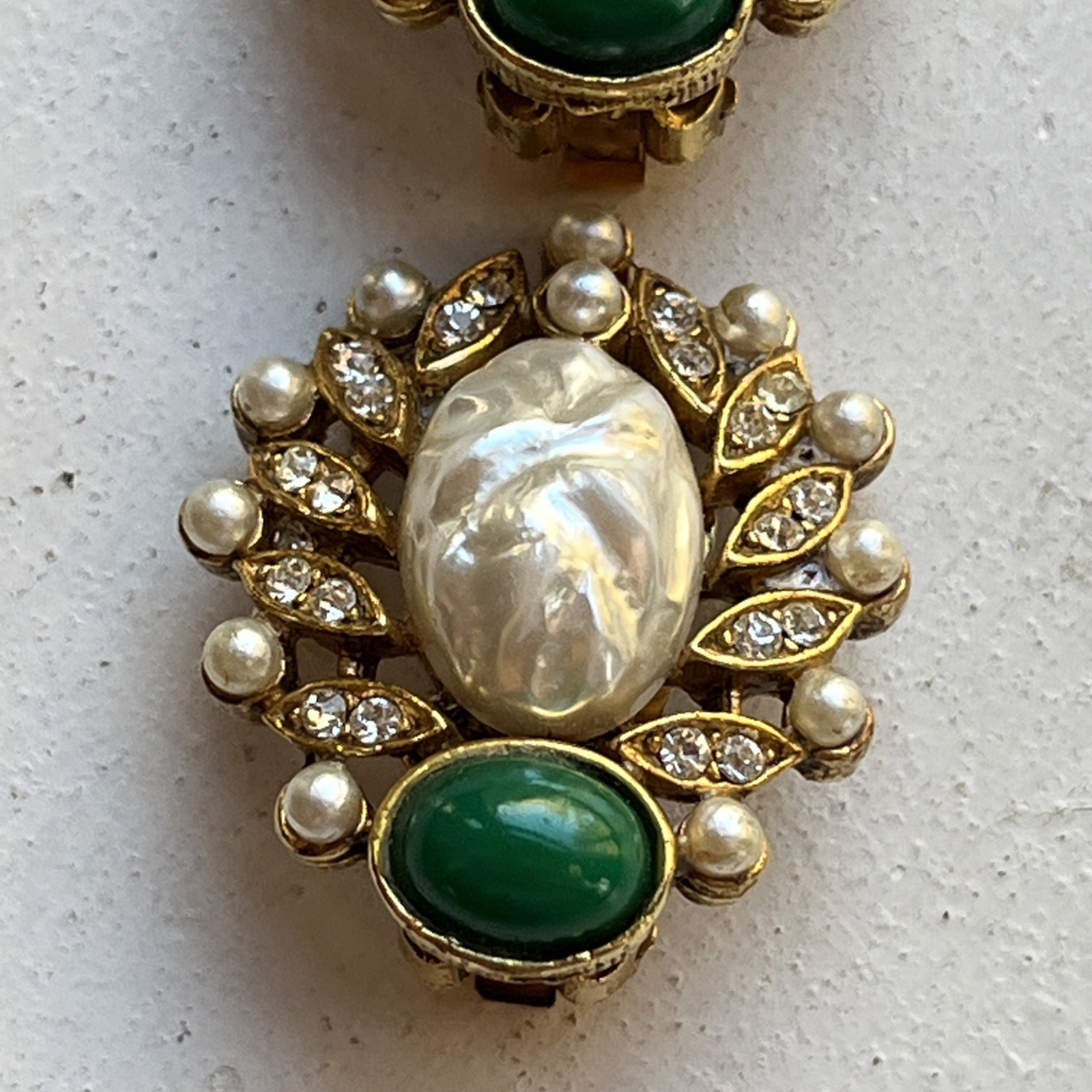 Vintage Faux Mabe & Many Pearls Green Glass Gripoix Cabochon Clip On Earrings