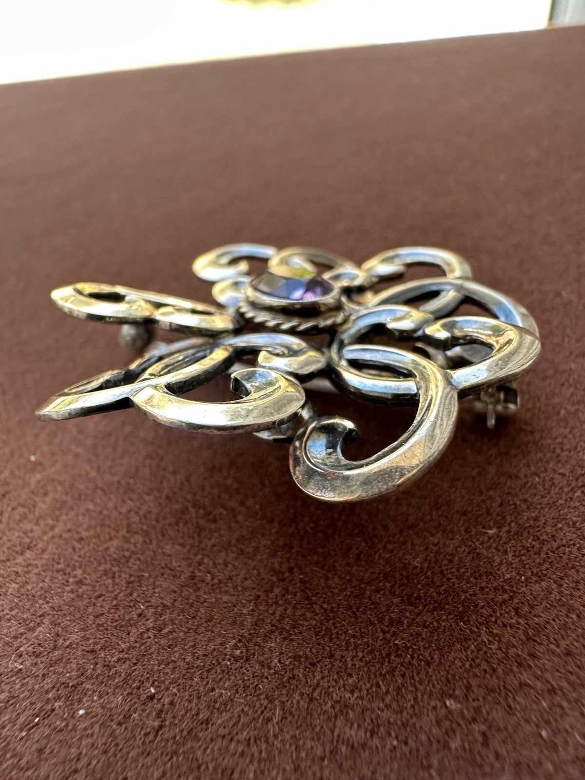 Vintage Victorian Sterling Silver Purple Amethyst Cabochon Gold Plate Brooch
