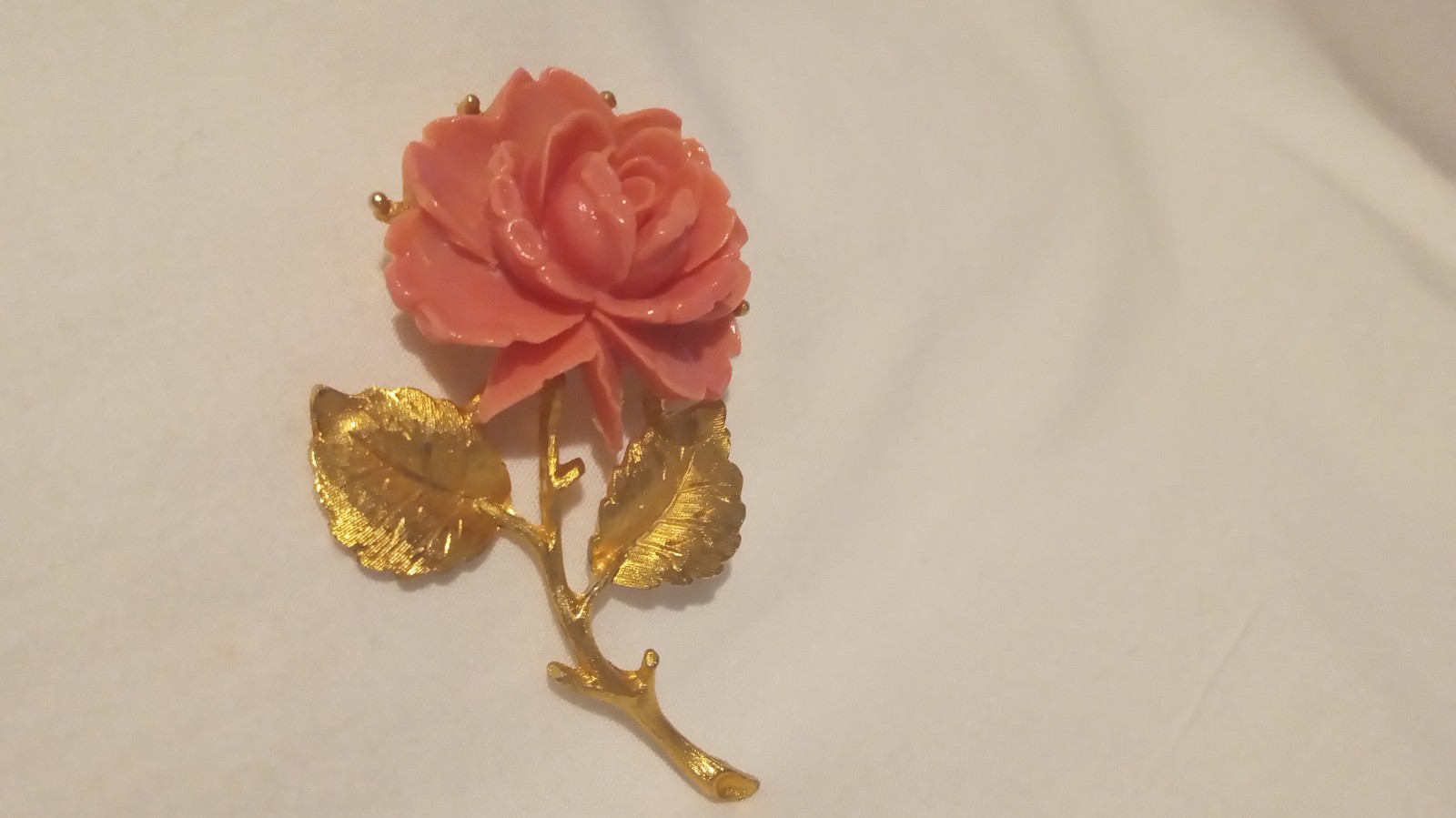 Vintage Gold Tone Peach Color Celluloid Rose Brooch/ Pin 2 3/8 Inches