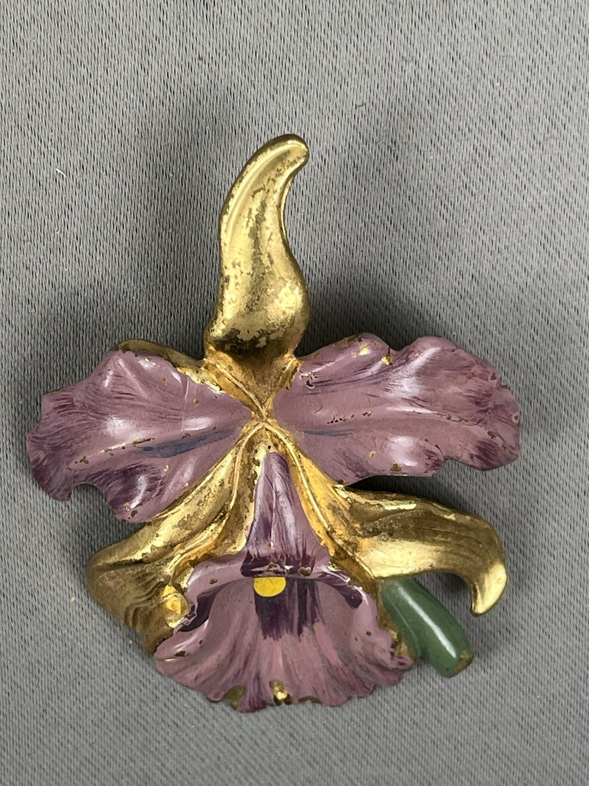 Vintage Orchid Brooch Purple Gold-Tone 1950s Flower Pin Corsage Brooch Painted