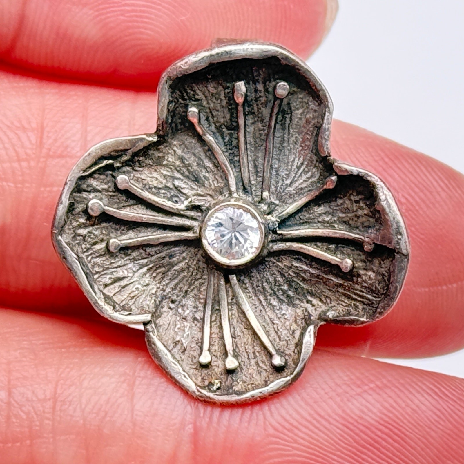 Vintage Brutalist Poppy Flower Sterling Silver Pendant