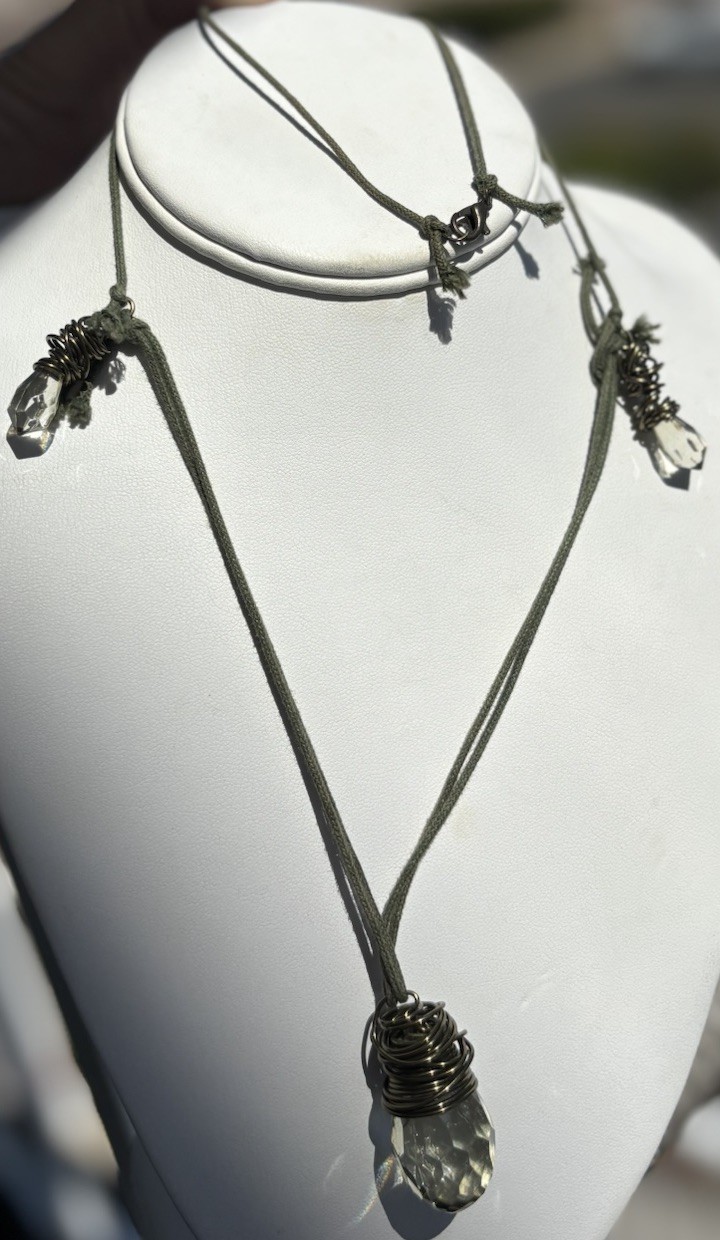 26” Long Acrylic Crystal On Sage Green Cord Boho Hippie Layering Festivals
