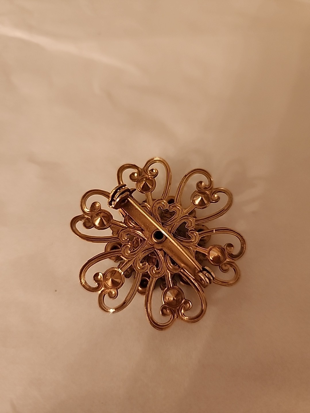Vtg Virgin Mary Gold Tone Pin Brooch Filigree Enamel Blue Facet