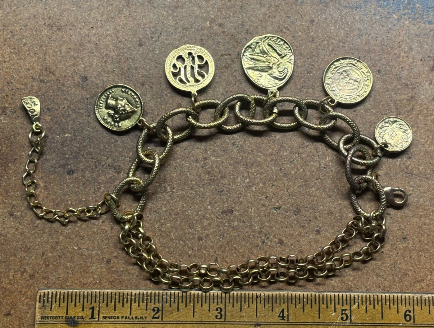 Vintage YOCHI NY Multi Chain Link GREEN ROMAN BRITISH SWISS GOLD COIN Bracelet