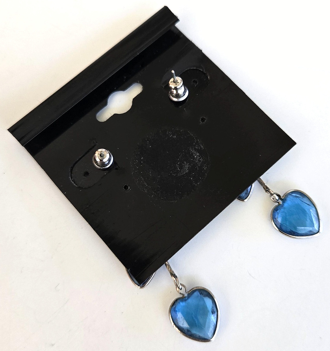 Vintage Blue Acrylic Crystal Heart Open Bezel Silver Tone Pierced Earrings 2″