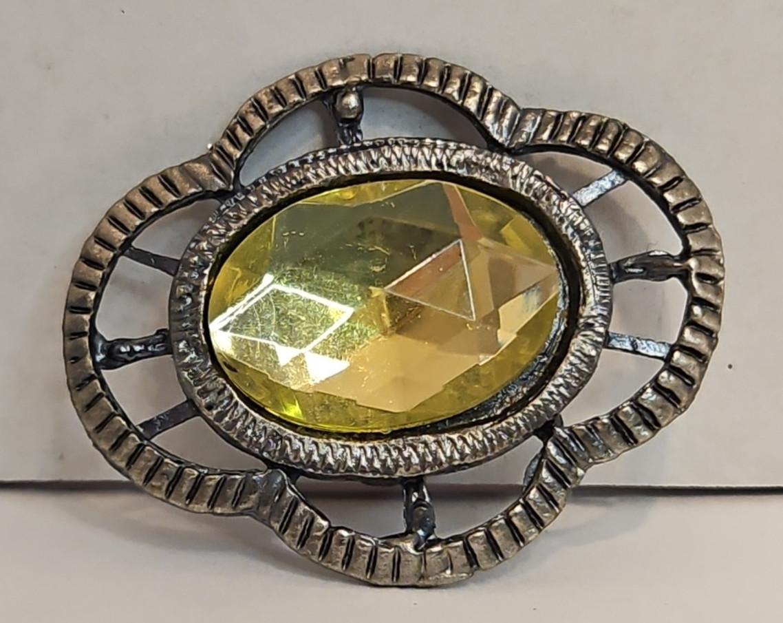 Vintage Silver Tone Brooch w/ Large Faceted Yellow Stone 2″x.5″x1.5″