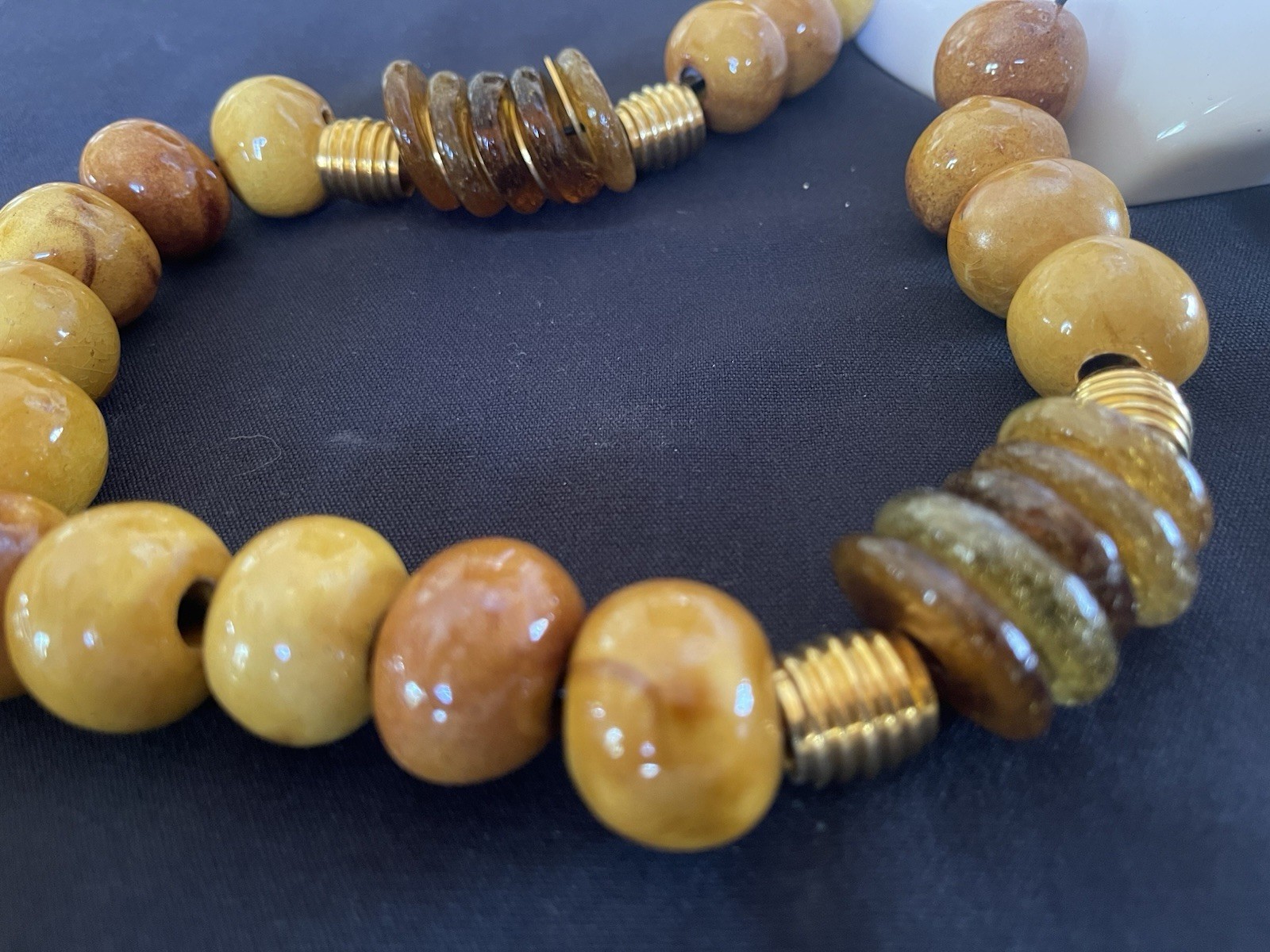 Variegated Honey Colored Egg Yolk Large Bead Tasseled Necklace Brass Spacers EXC