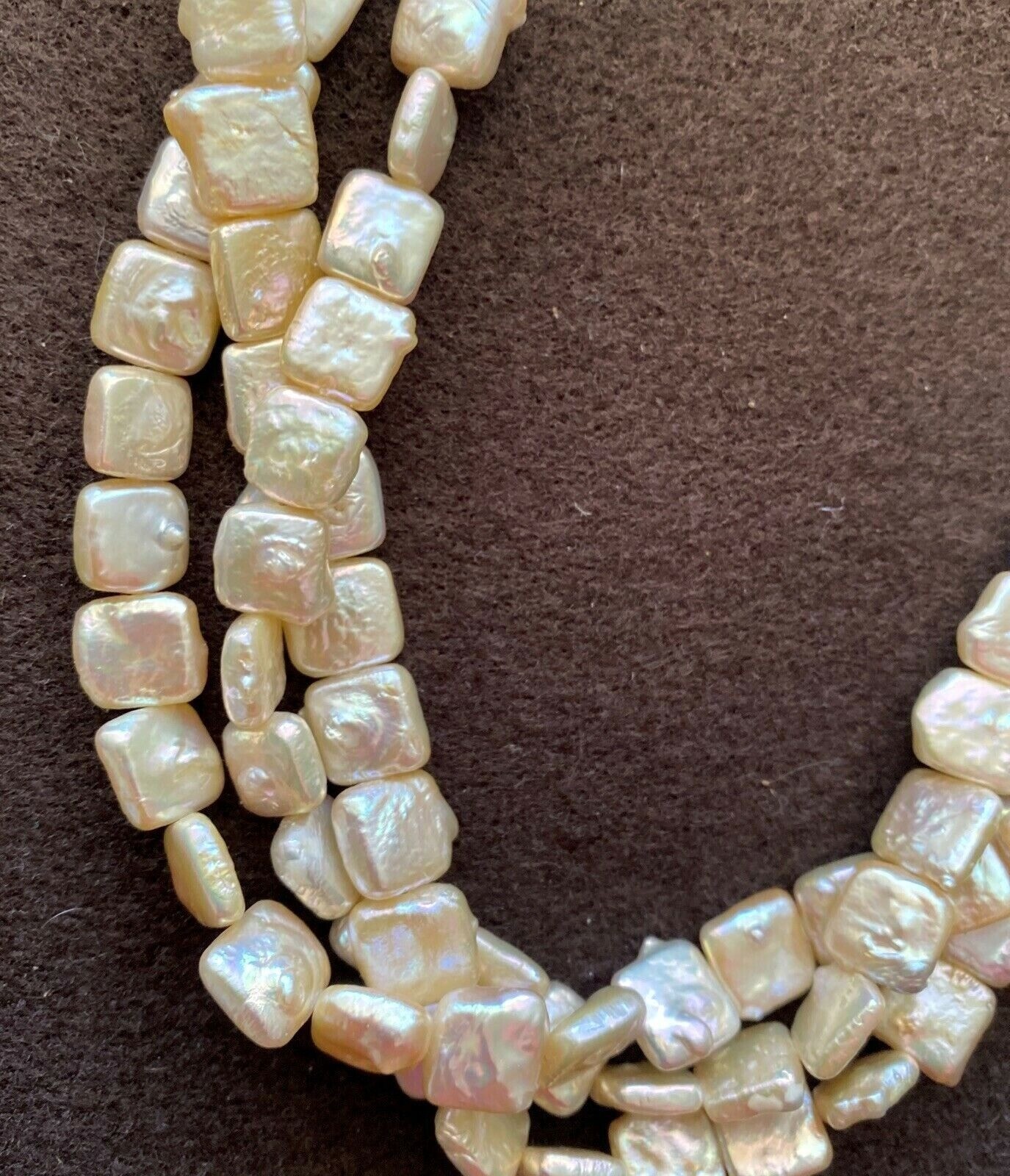 lridescent Off White Square Pearl Multi Strand Necklace Sterling Cones Clasp 19″