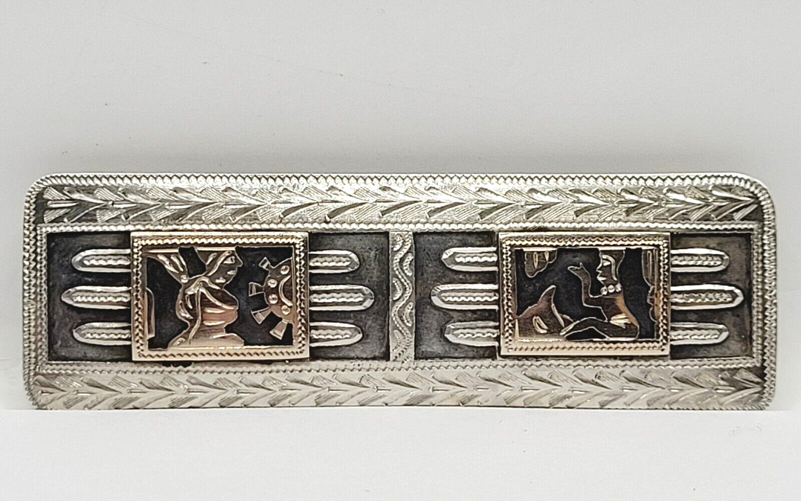 Guatemala Maya Mayan Relief Image Long Silver & Copper Tone Vintage Brooch Pin