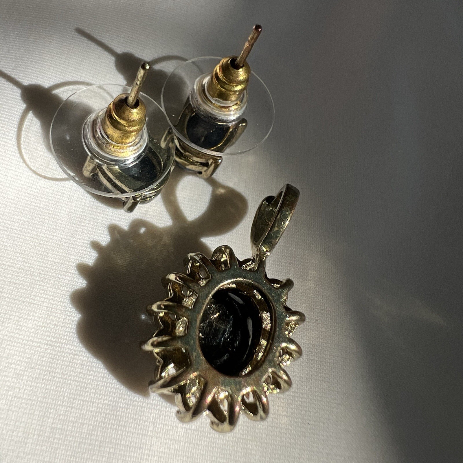 Vintage Blue Iolite Gemstone Gold Tone Pendant Stud Earrings Estate Jewelry Set