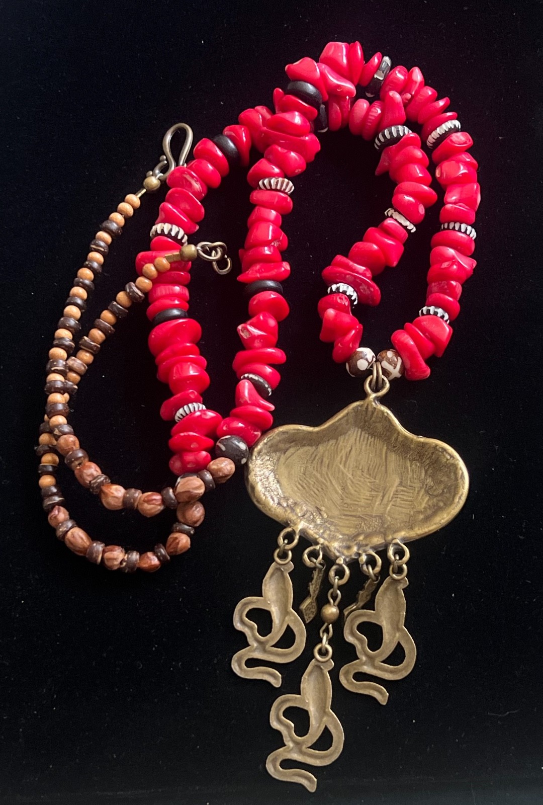 Artisan Necklace Egyptian Revival Nefertiti Pendant Red Coral Beads Cobra Detail