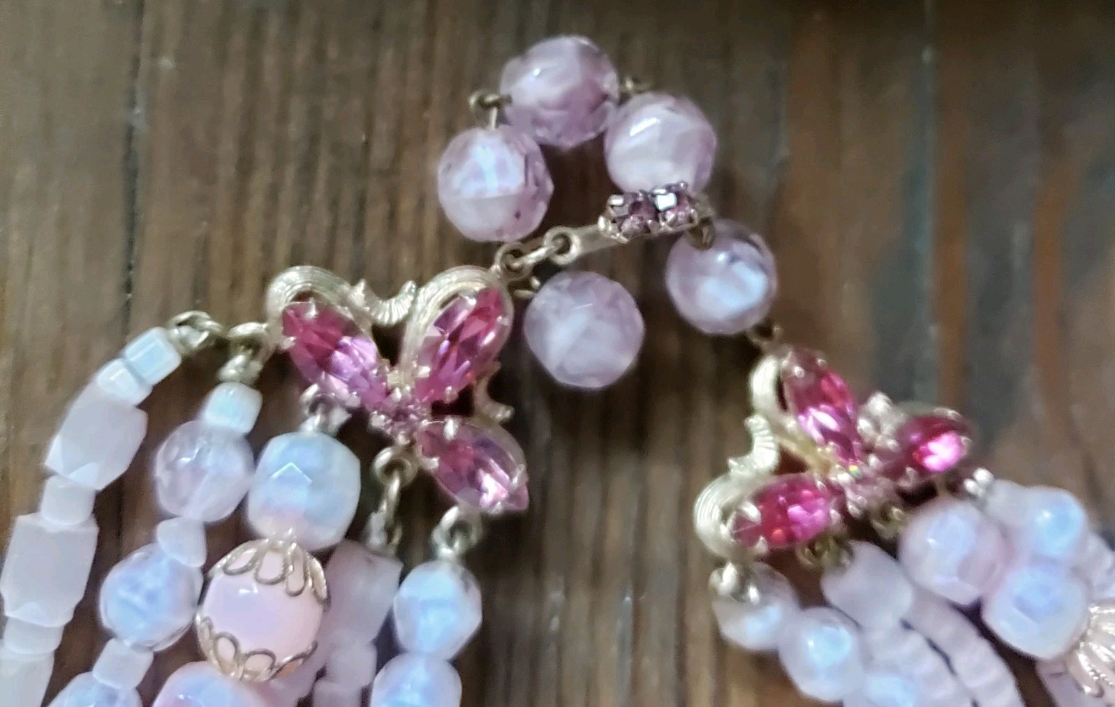 La Roco Pink Bead Rhinestone Necklace Earrings Jewelry Set Mid Century Modern