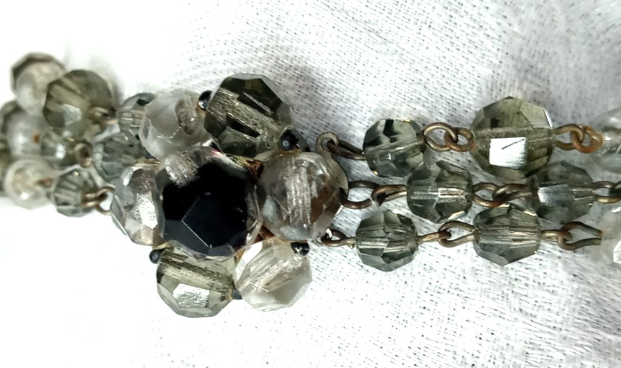 Vintage Smokey Green Beaded Bib Necklace 3 Strands Faceted Crystals W. Germany