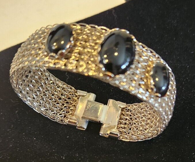 Vintage Silver Tone Mesh Cuff Bracelet with Black Onyx Cabochons 7 in.