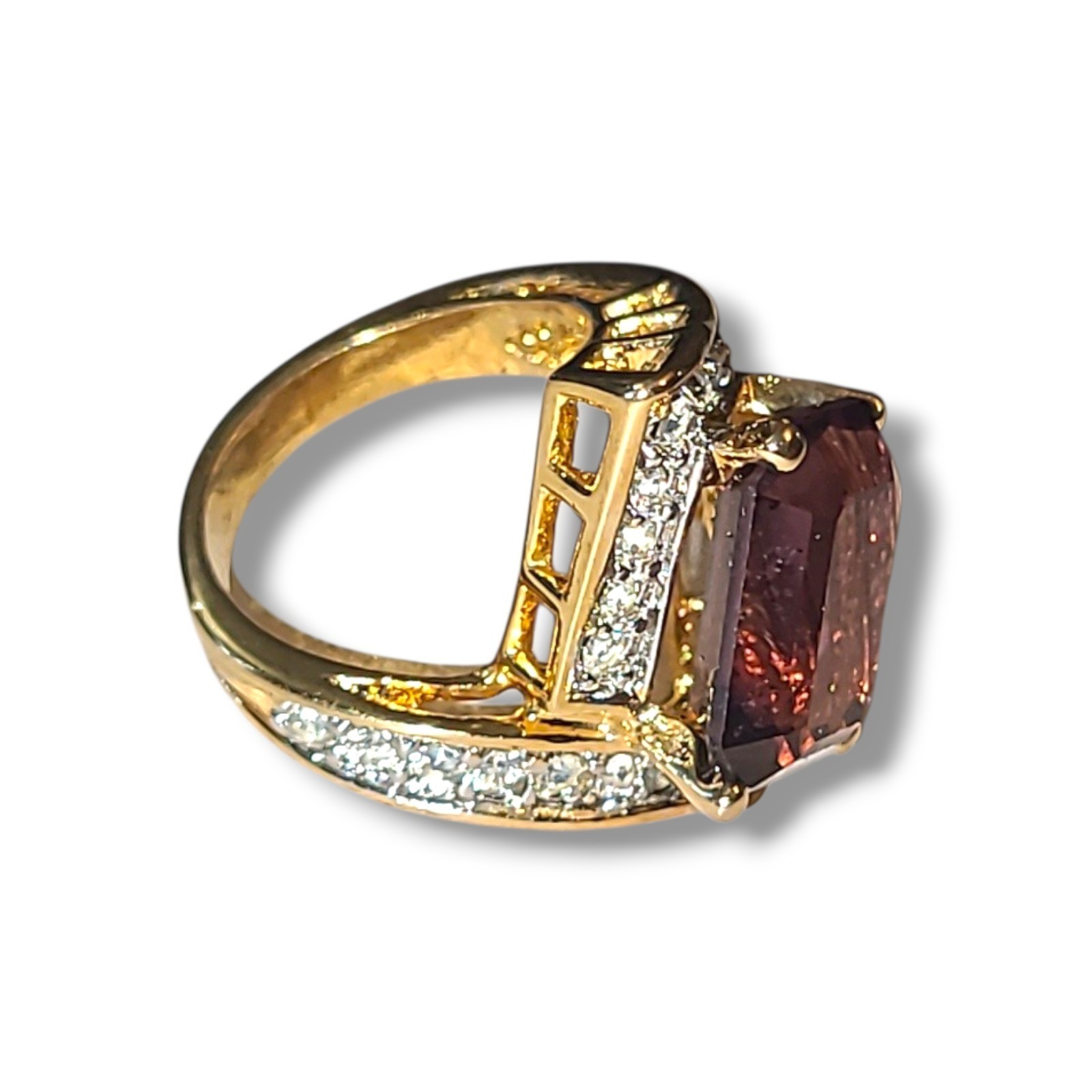 Vintage 18K HGE CZ Cocktail Ring Emerald Cut Purple Crystal Gold Statement Sz 9