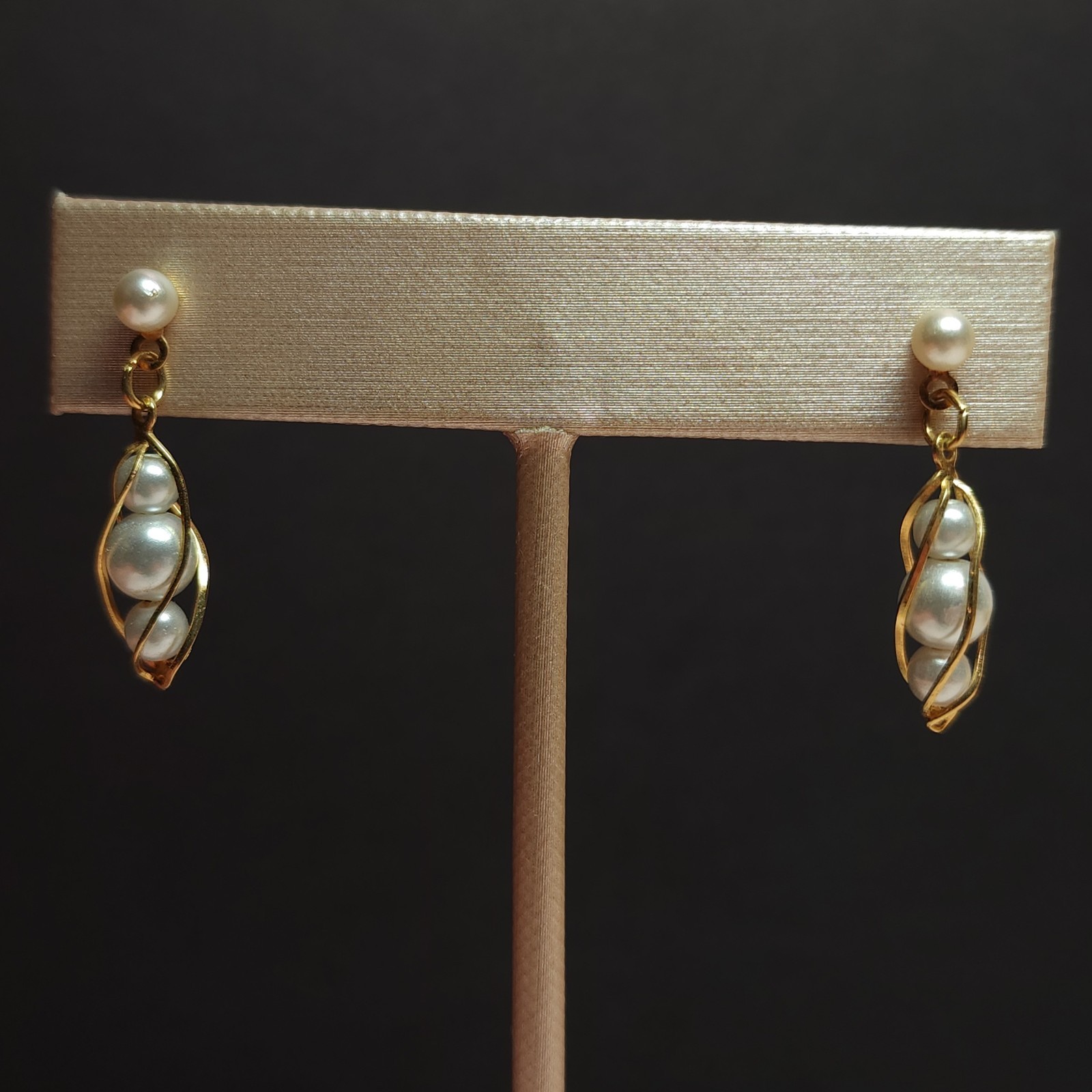 Vintage Gold Tone Twisted Caged Faux Pearl Drop Dangle Earrings Classic Dainty