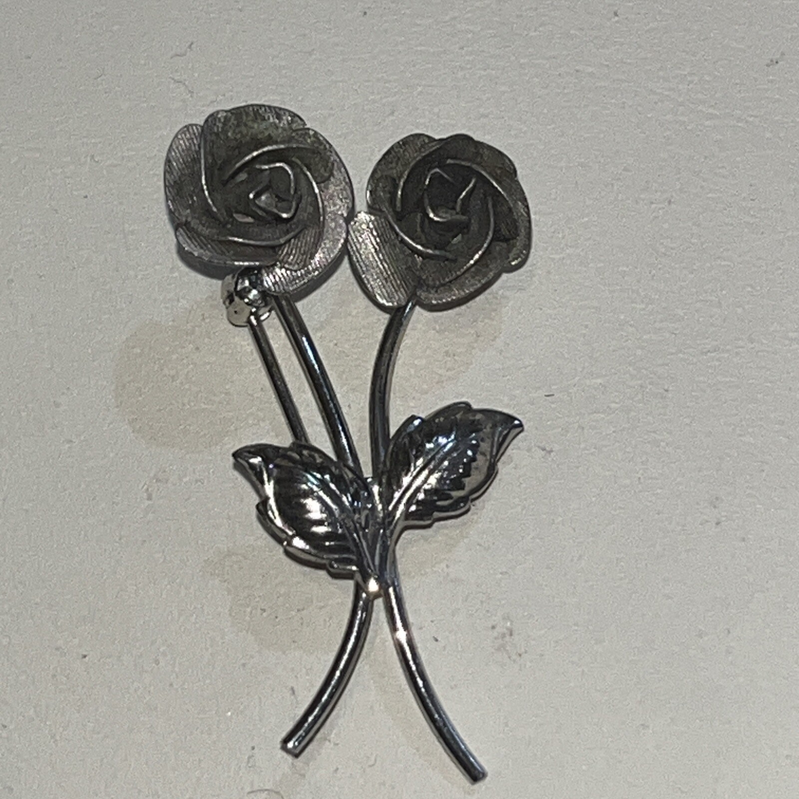 Sterling Silver Double Rose Flower Brooch Pin 1.5 Signed AC