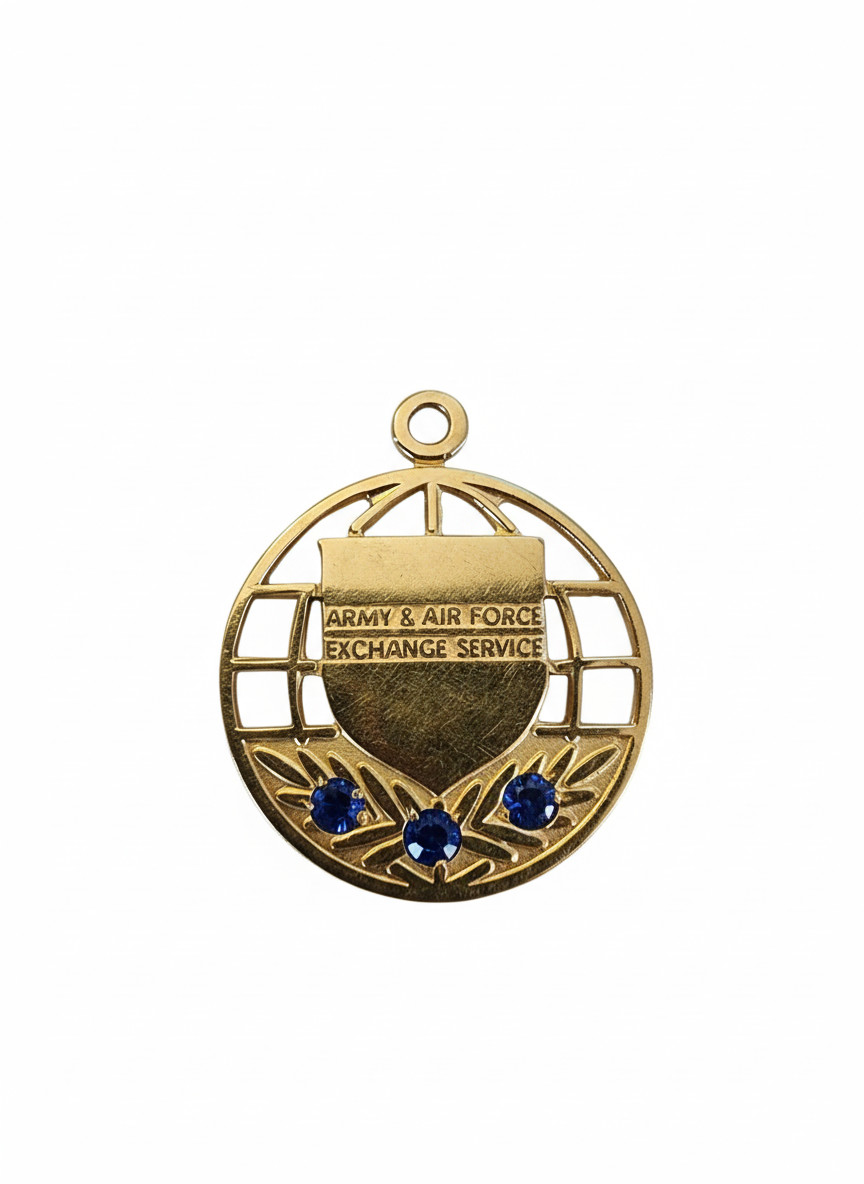 Vintage AAFES Gold-Filled Charm Pendant with Blue Rhinestones